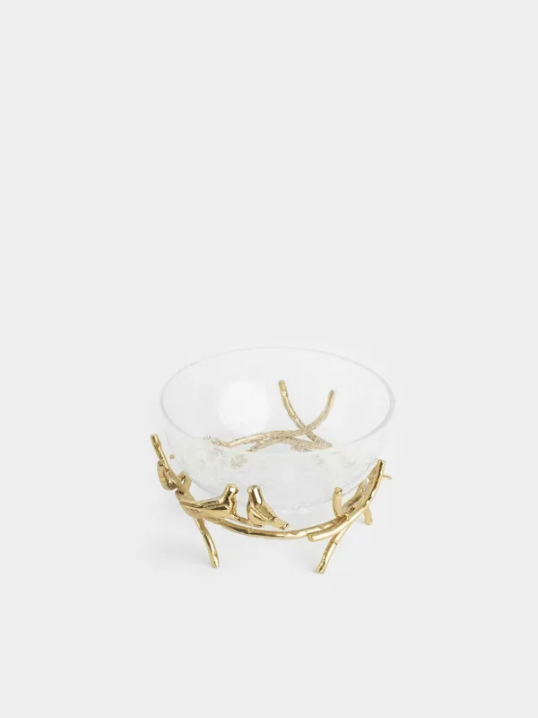 Deep dish, 21x9 cm, on a stand, glass / metal, golden, Birds, Fantastic gold, image-1