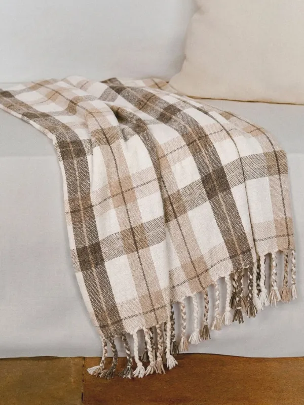 Plaid, 130x170 cm, fringed, chenille, beige-brown, Checkered, Hazel, image-1
