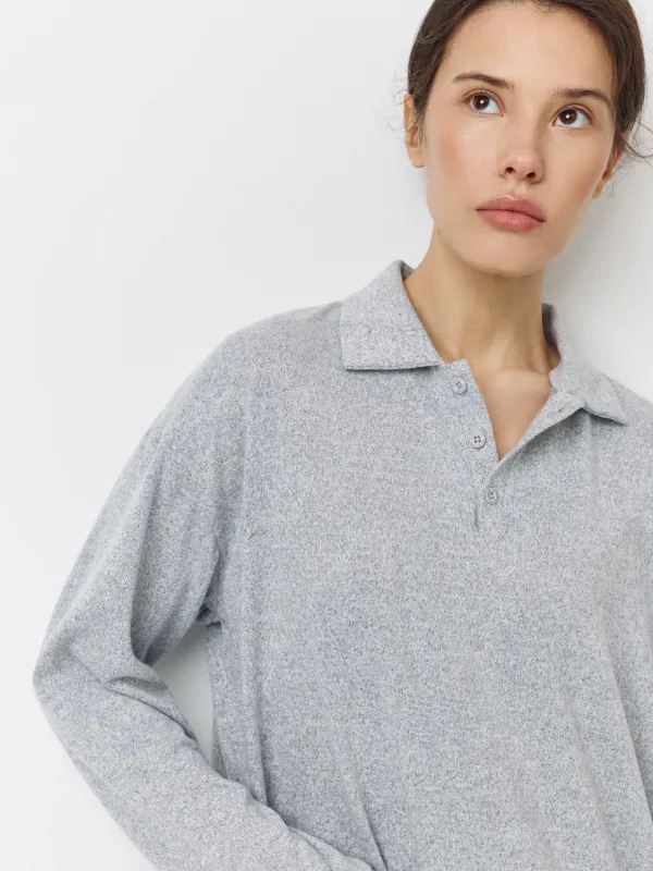 Women's jumper, homewear, size L, with polo collar, polyester/spandex, grey, Bertha, image-2