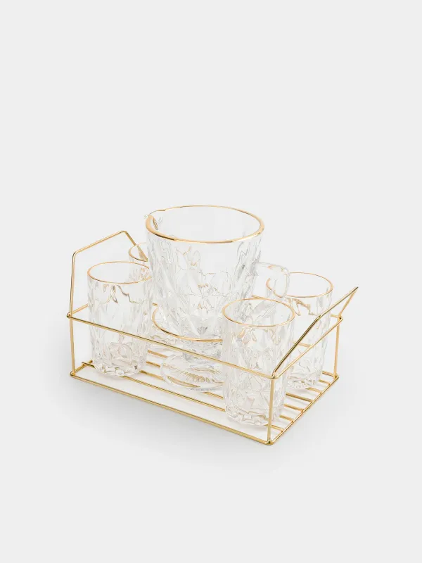 Set for drinks, 4 persons, 5 items, on a stand, glass R / metal, golden, Rhomb gold, image-1