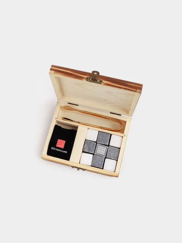 Set of cubes for cooling drinks, 12 pr, with tongs, in a box, marble / steel, Marble, image-2