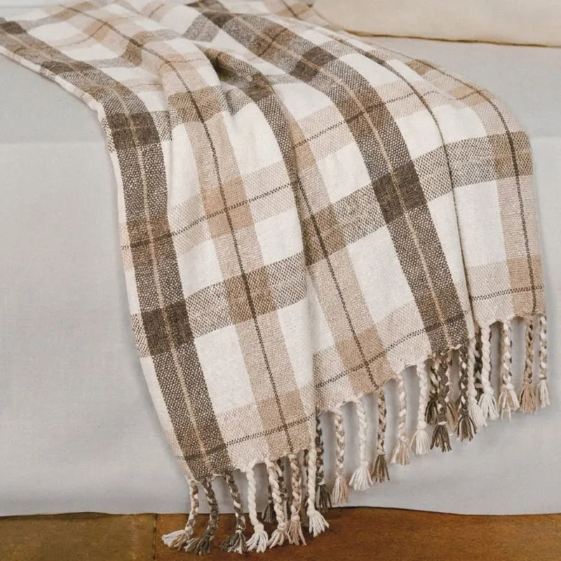 Plaid, 130x170 cm, fringed, chenille, beige-brown, Checkered, Hazel