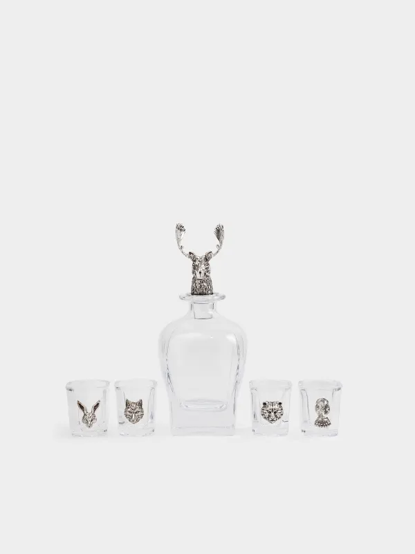 Drink set, 4 persons, 5 items, decanter/stacks, glass / metal, forest animals, Lux elements, image-0