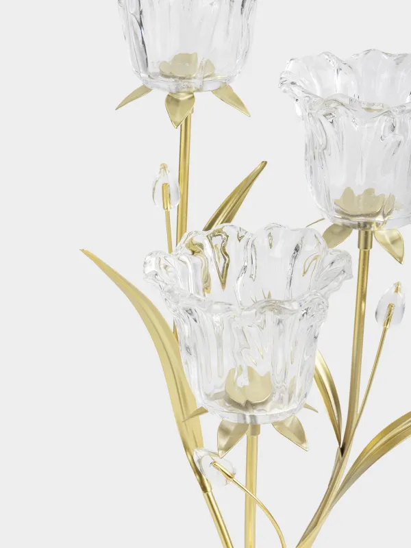 Candlestick, 47 cm, 3 tea candles, glass / metal, golden, Flowers, Fantastic flowers, image-1