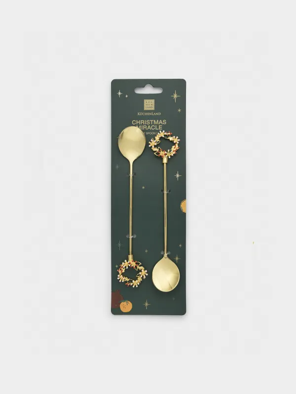 Dessert spoon, 15 cm, 2 pcs, steel, golden, Wreath, Christmas miracle, image-4