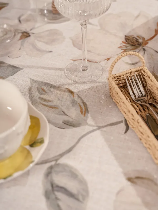 Tablecloth, 160x160 cm, polyester / linen, milk yellow, Flowers, Flowery flax, image-3