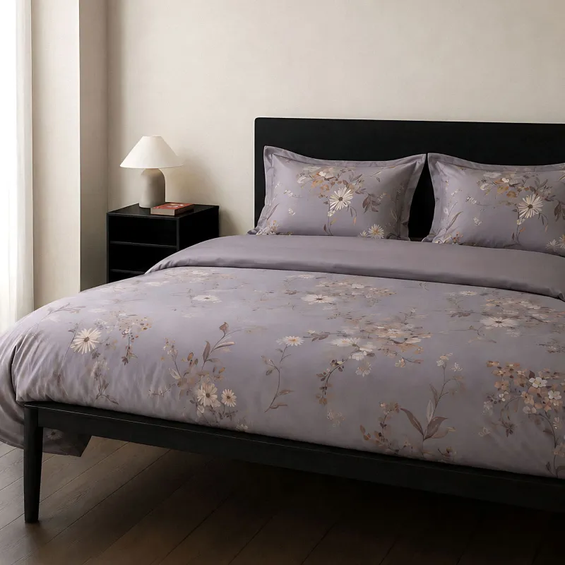 Bed linen set, euro, Tencel 300 TC, grey, Flowers and leaves, Tencel