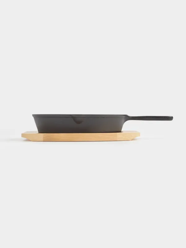 Frying Pan with base, 20 cm, cast iron/wood, round, black, Authentic, image-2