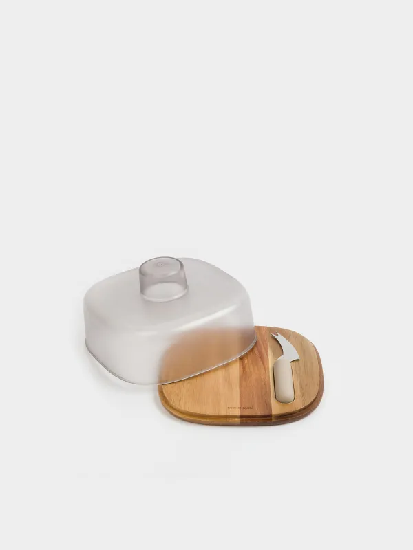 Cheese set, 2 pcs, dish board / dome, steel / wood / plastic, Noble tree, image-0