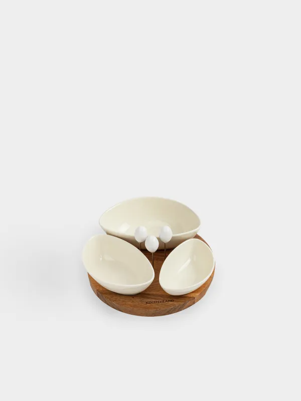 Snack set, 3 items, on a stand, with skewers, porcelain P / wood, Noble tree, image-1