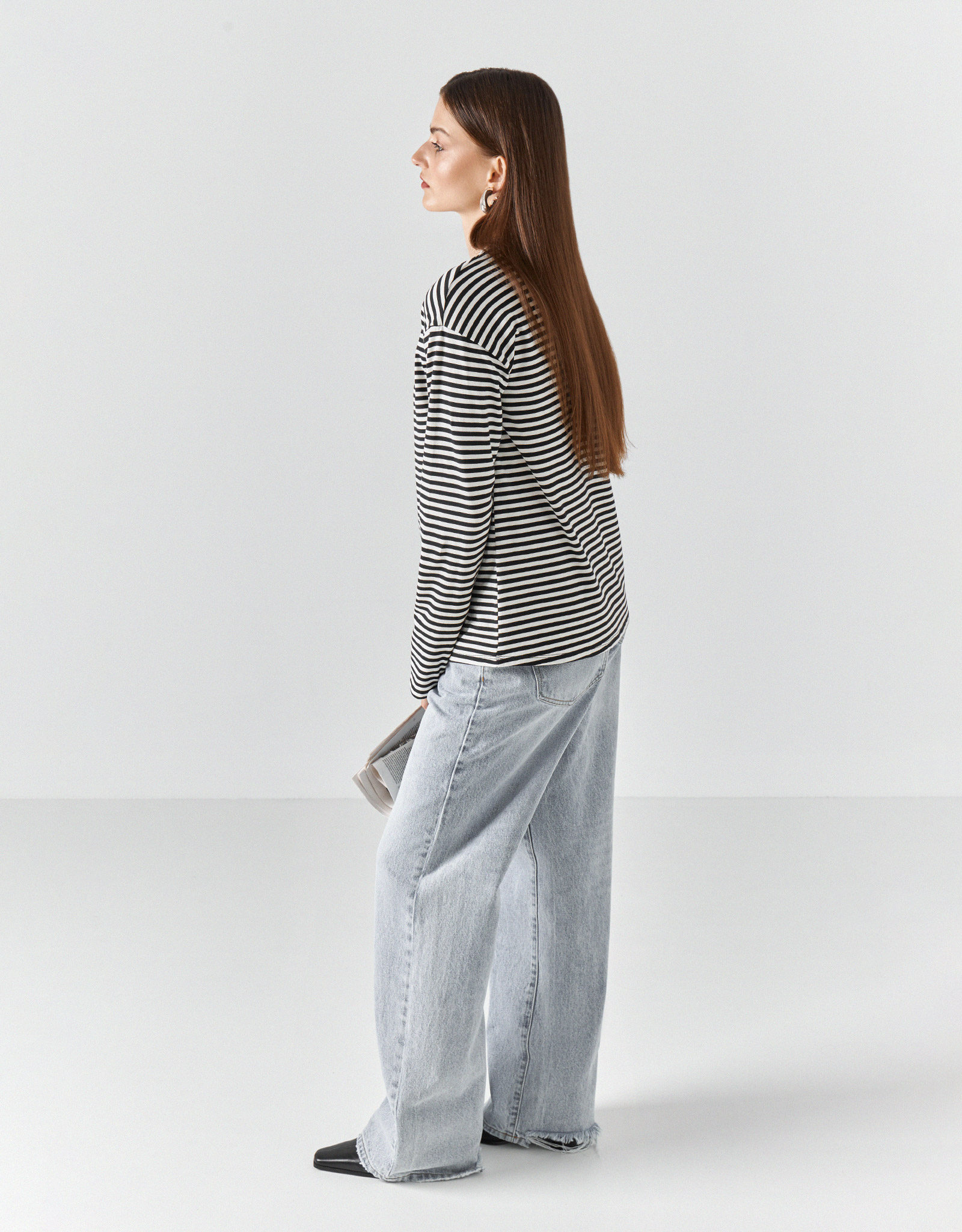 Women's longsleeve, R. S, cotton / elastane, black and white, Stripes, Ninel, image-3