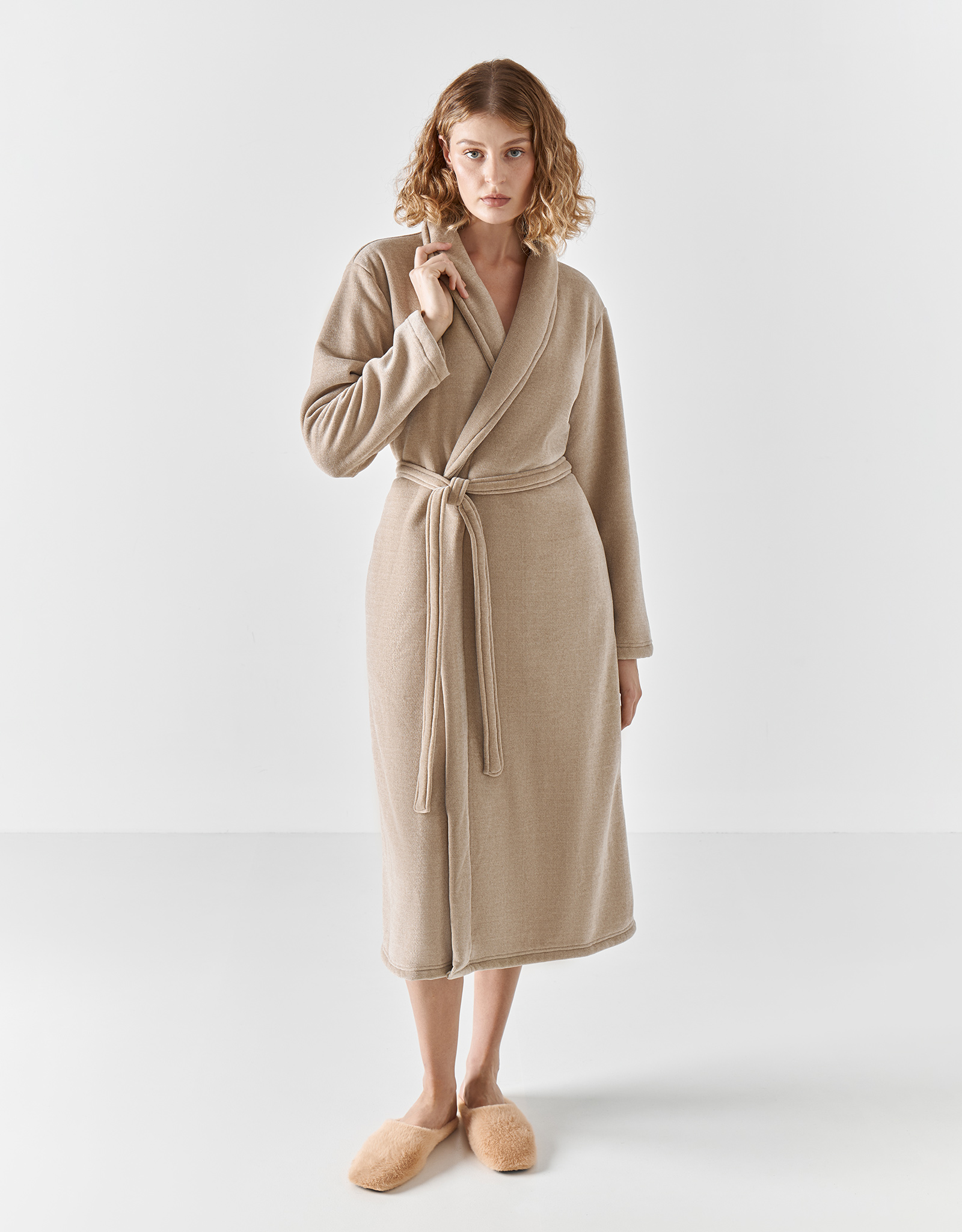 Women's robe, homewear, size L / XL, with long sleeves, chenille / faux fur, beige, Jesse, image-0
