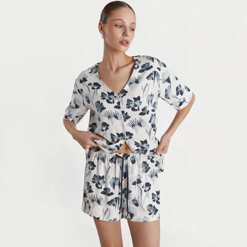 Women's shorts, home, size L, viscose, milk, Blue flowers, Telia ,image-0