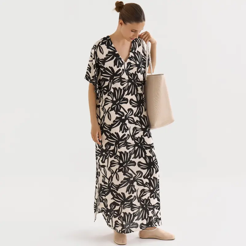 Women's dress, maxi, size L, with short sleeves, viscose, beige-black, Flowers, Almi ,image-0