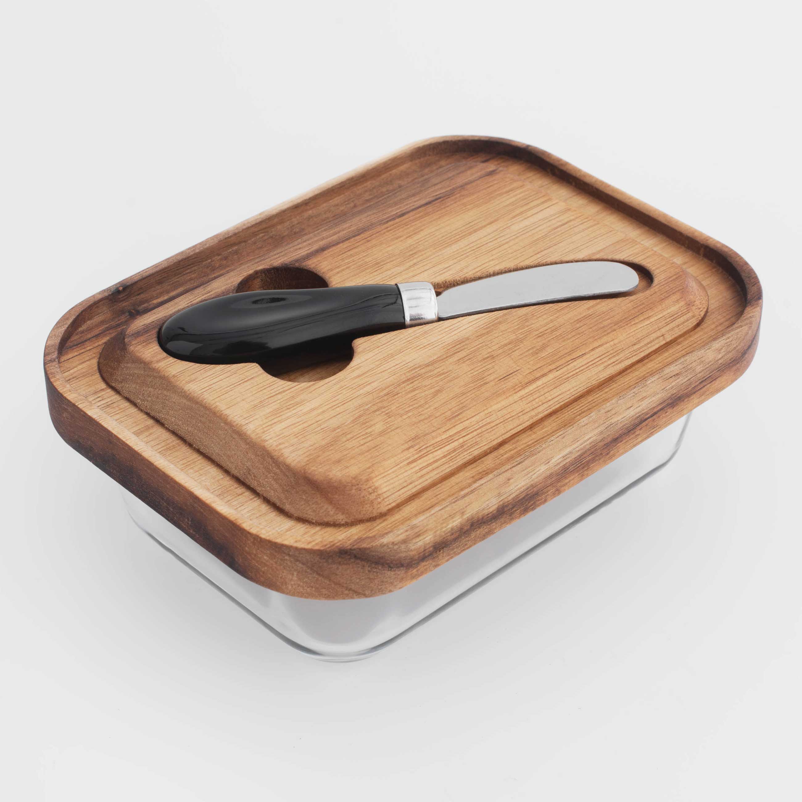 Butter dish, 18 cm, with knife, wood/glass / steel, rectangular, Noble tree