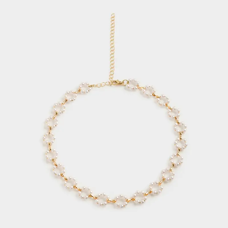 Chain, 46 cm, plastic / metal, white, Flowers from beads, Pearl ,image-0