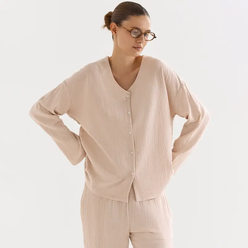 Women's shirt, homewear, size L, with long sleeves, muslin, milky, Allison ,image-0