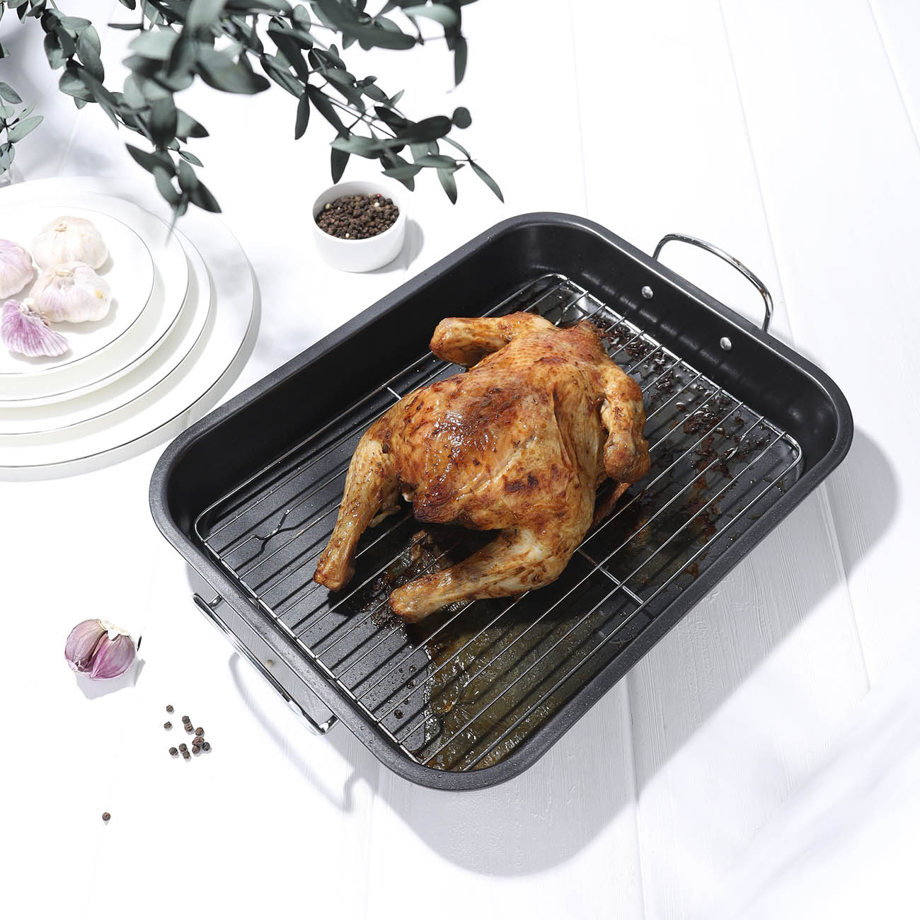 Baking tray, 37x29 cm, with handles and grill, coated, steel, black, BBQ