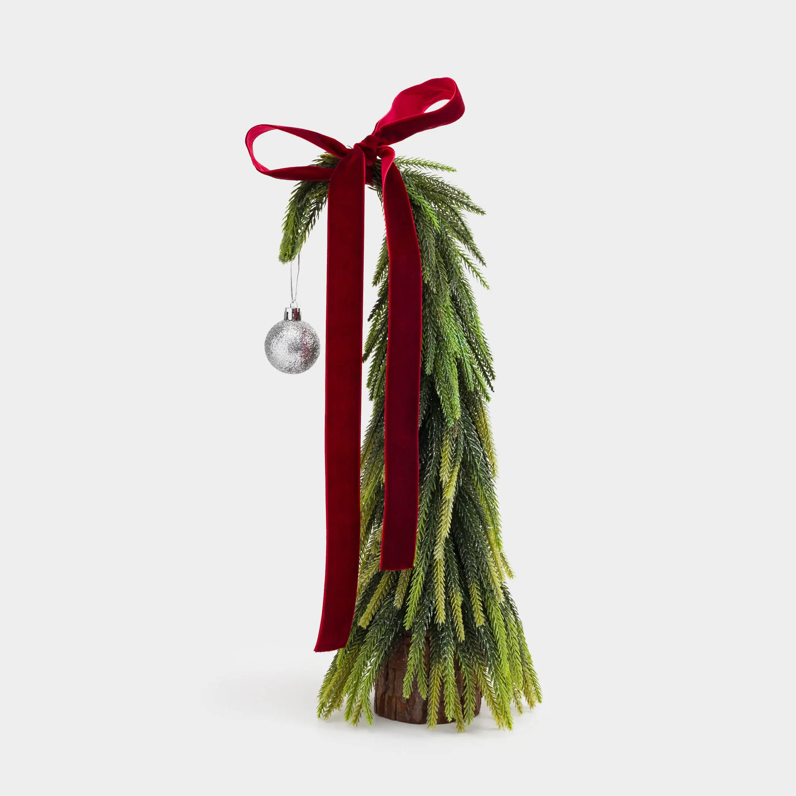 Artificial spruce, 47 cm, in craft, polyethylene, Spruce with red bow and ball, Conifer curved