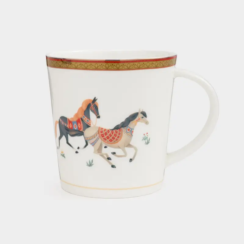 Mug, 450 ml, porcelain F, white, with golden edging, Horses in sled, Blue wind, image-0