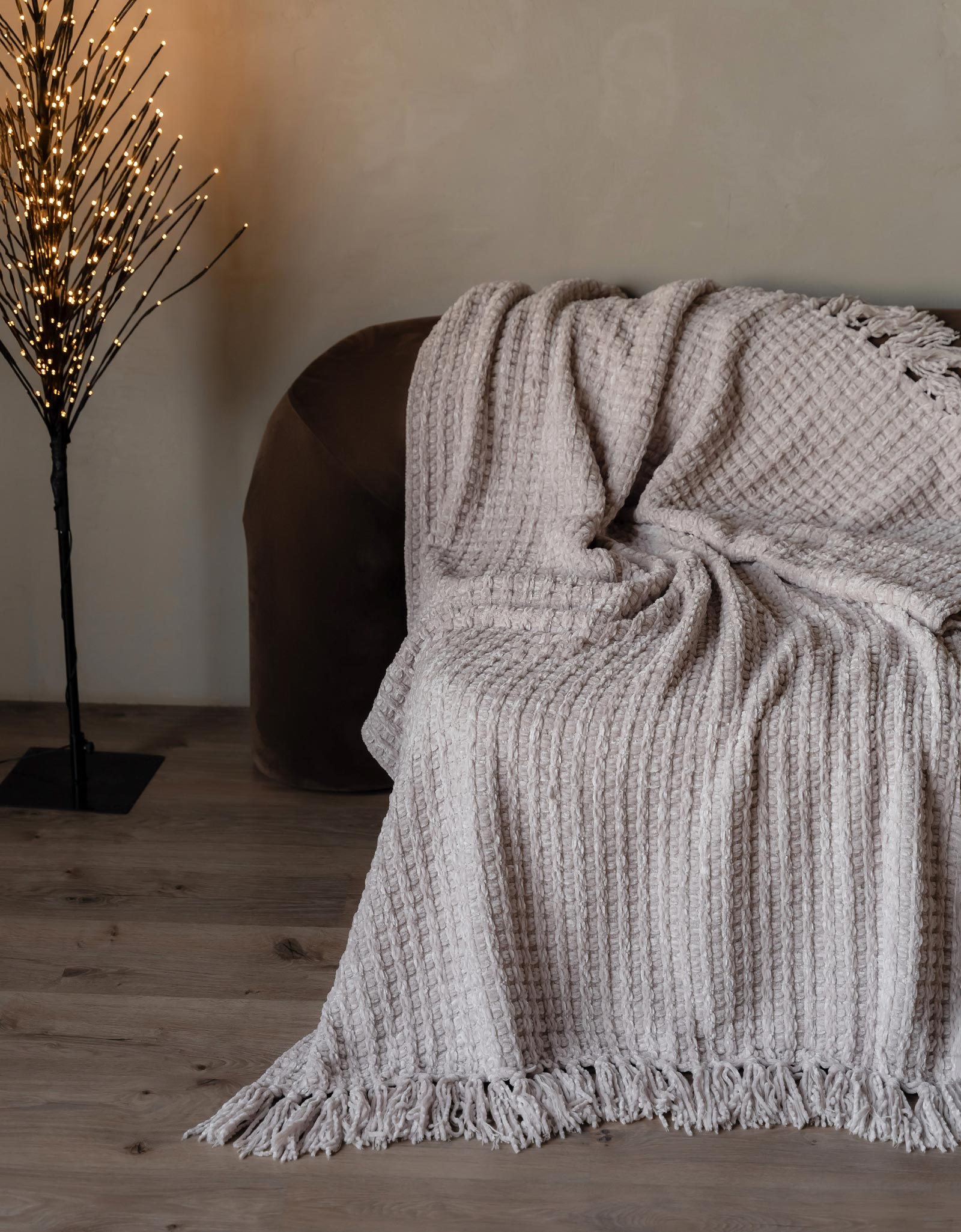 Plaid, 130x160 cm, with fringe, Chenille, sand, Chenill