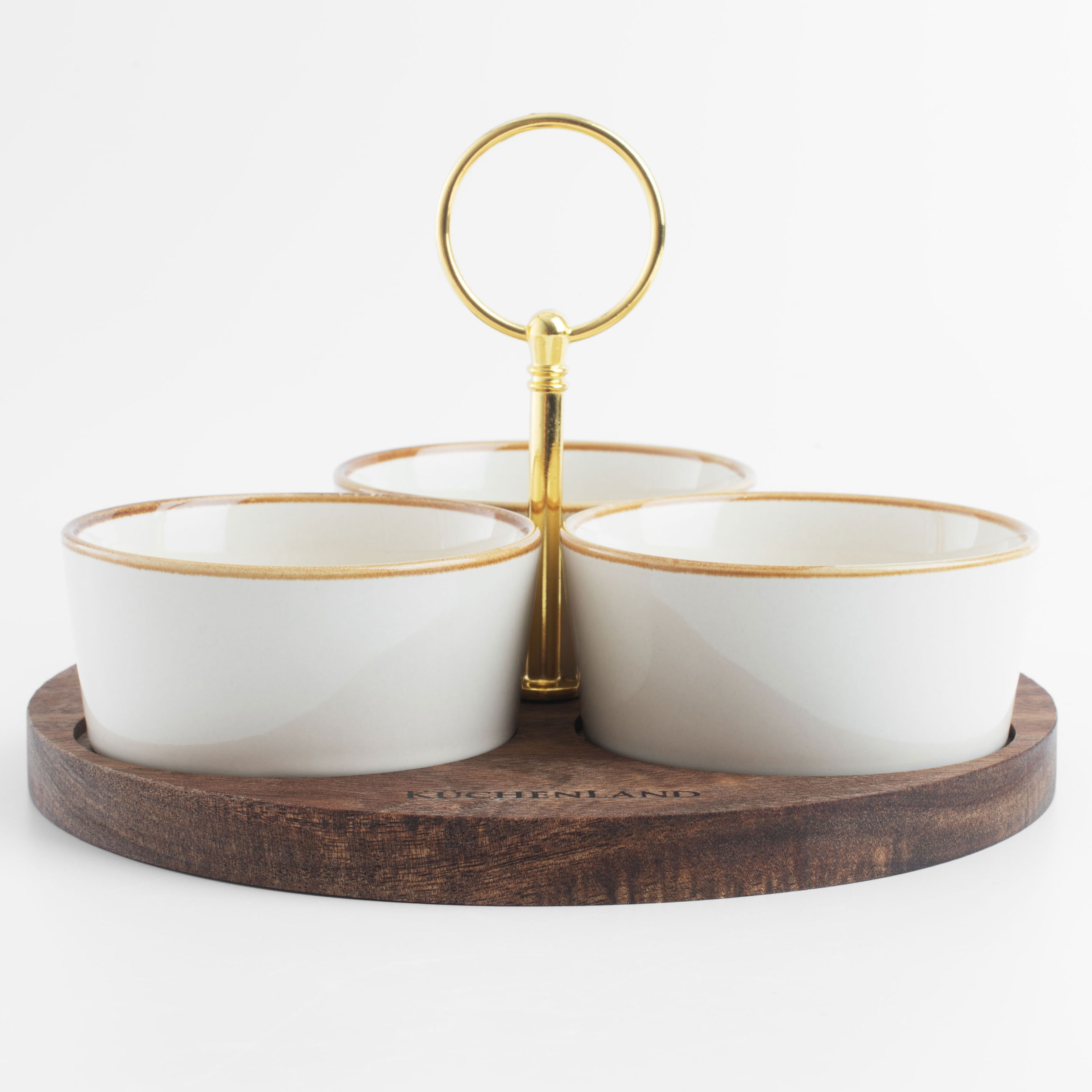 Snack set, 3 items, on a stand, with handle, ceramic / wood, milky, Noble tree 