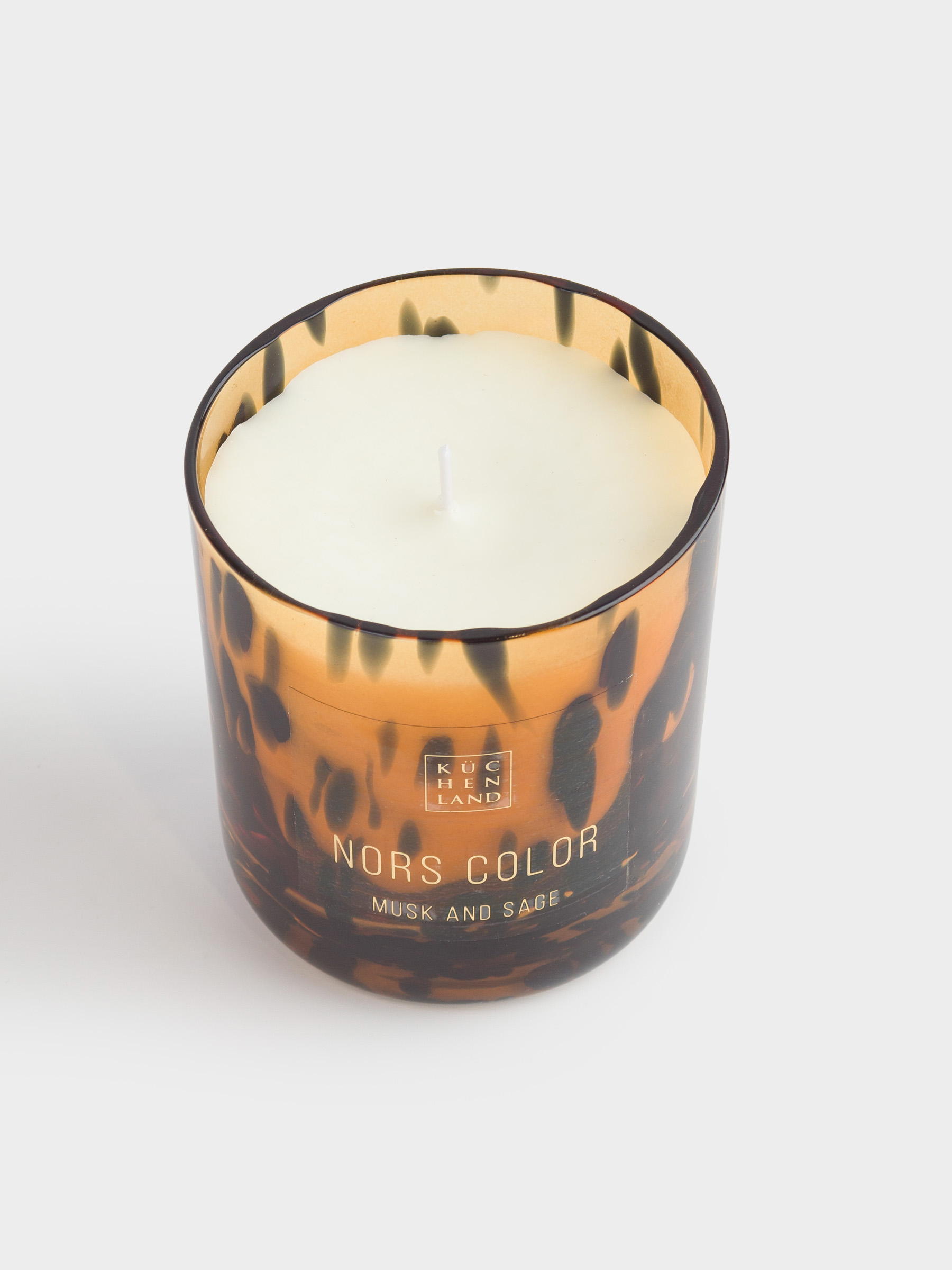 Scented candle, 10 cm, in a candlestick, glass, Musk and Sage, Animal pattern, Nors color, image-1