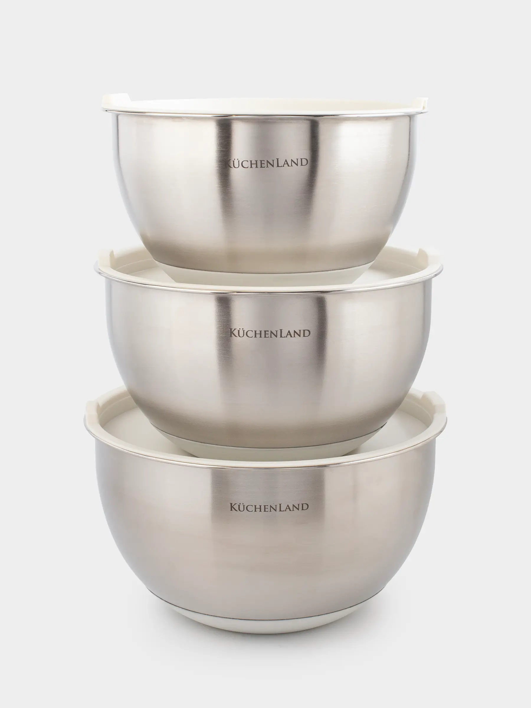 A bowl, 2,5/3/4,5 l, 3 pcs, with lid, anti-slip bottom, steel / plastic, beige, Terra , image-0