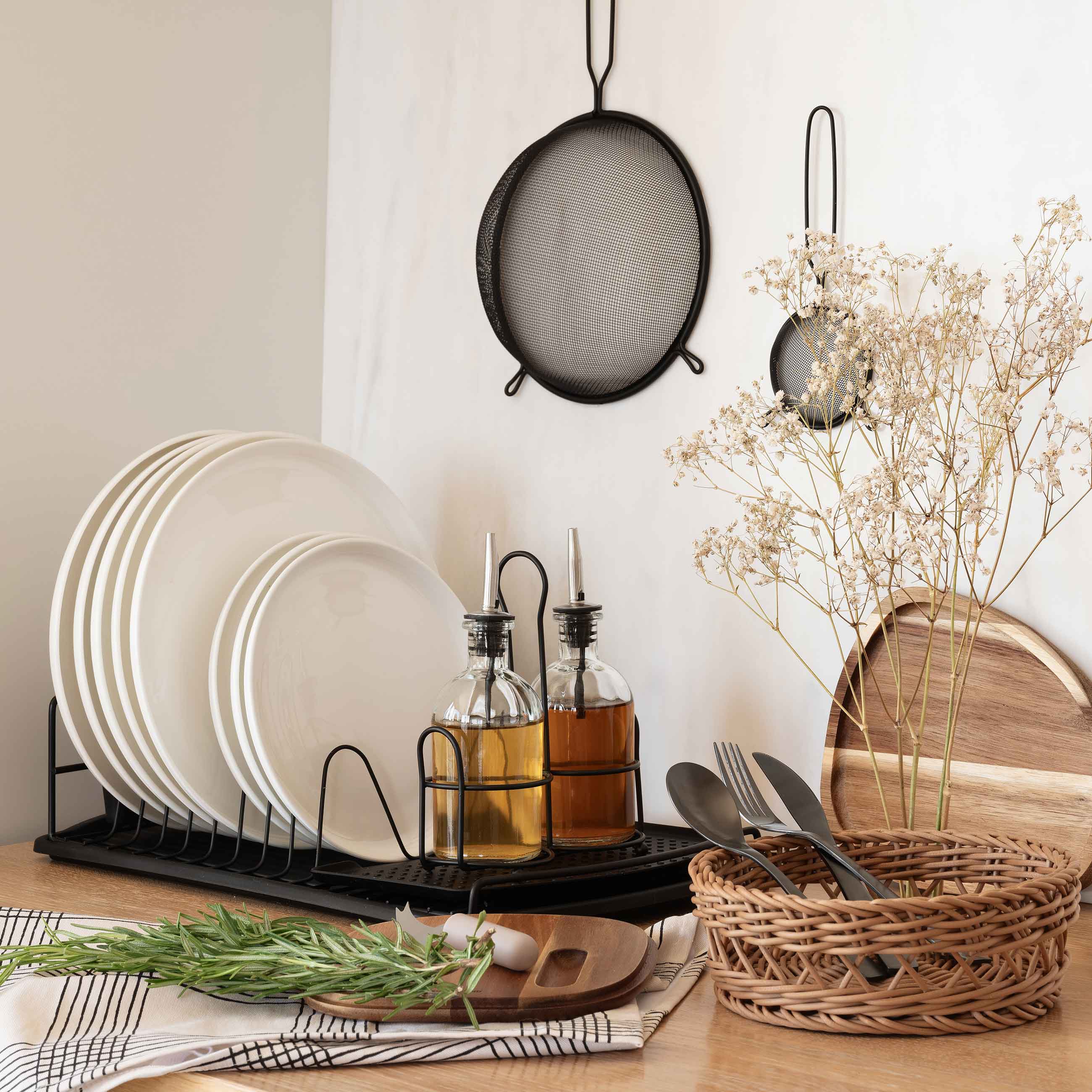 Dish rack, 47x26 cm, with tray, plastic / metal, black, Black style, image-5