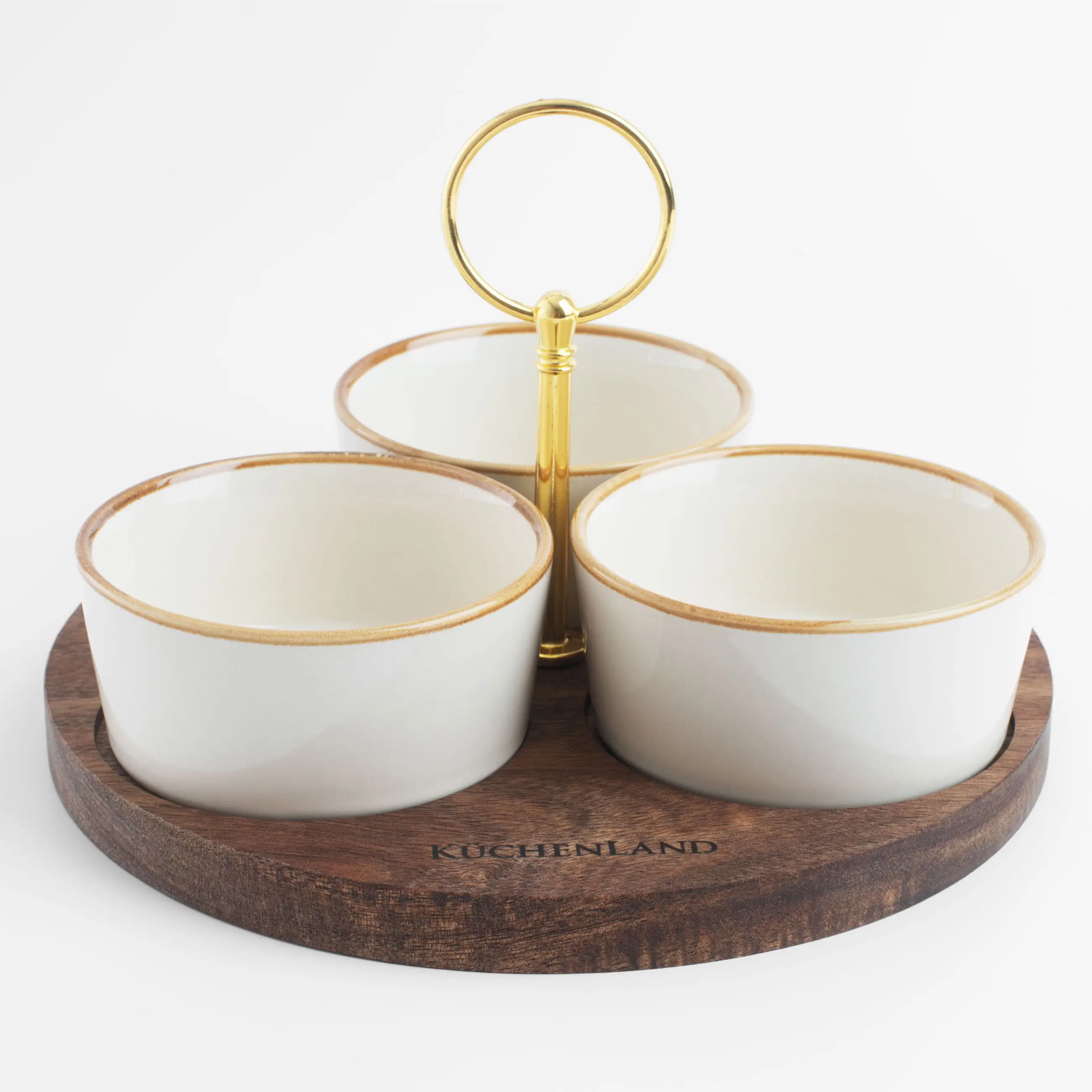 Snack set, 3 items, on a stand, with handle, ceramic / wood, milky, Noble tree , image-0