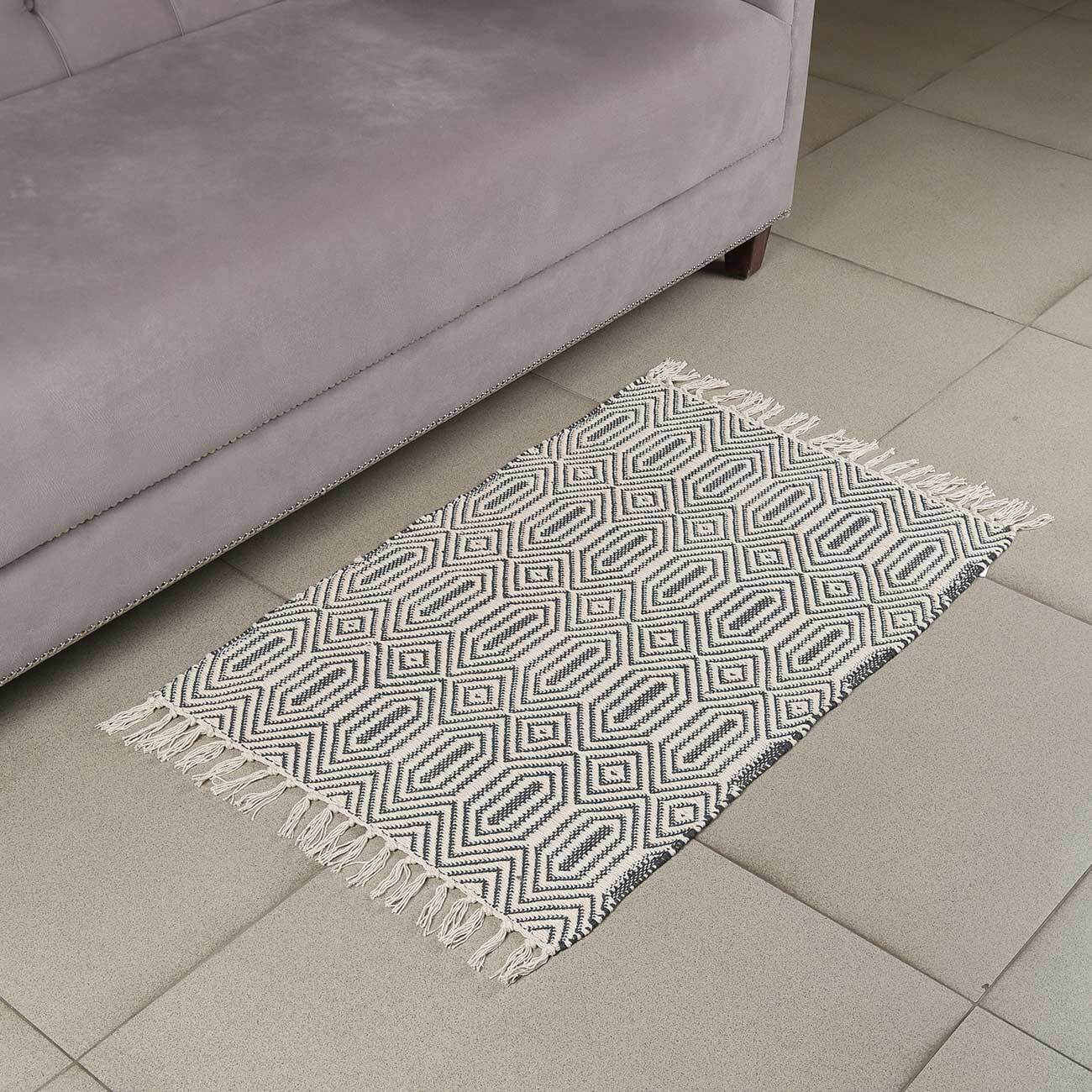 Rug, 60x90 cm, fringed, cotton, black and milk, Rhombic