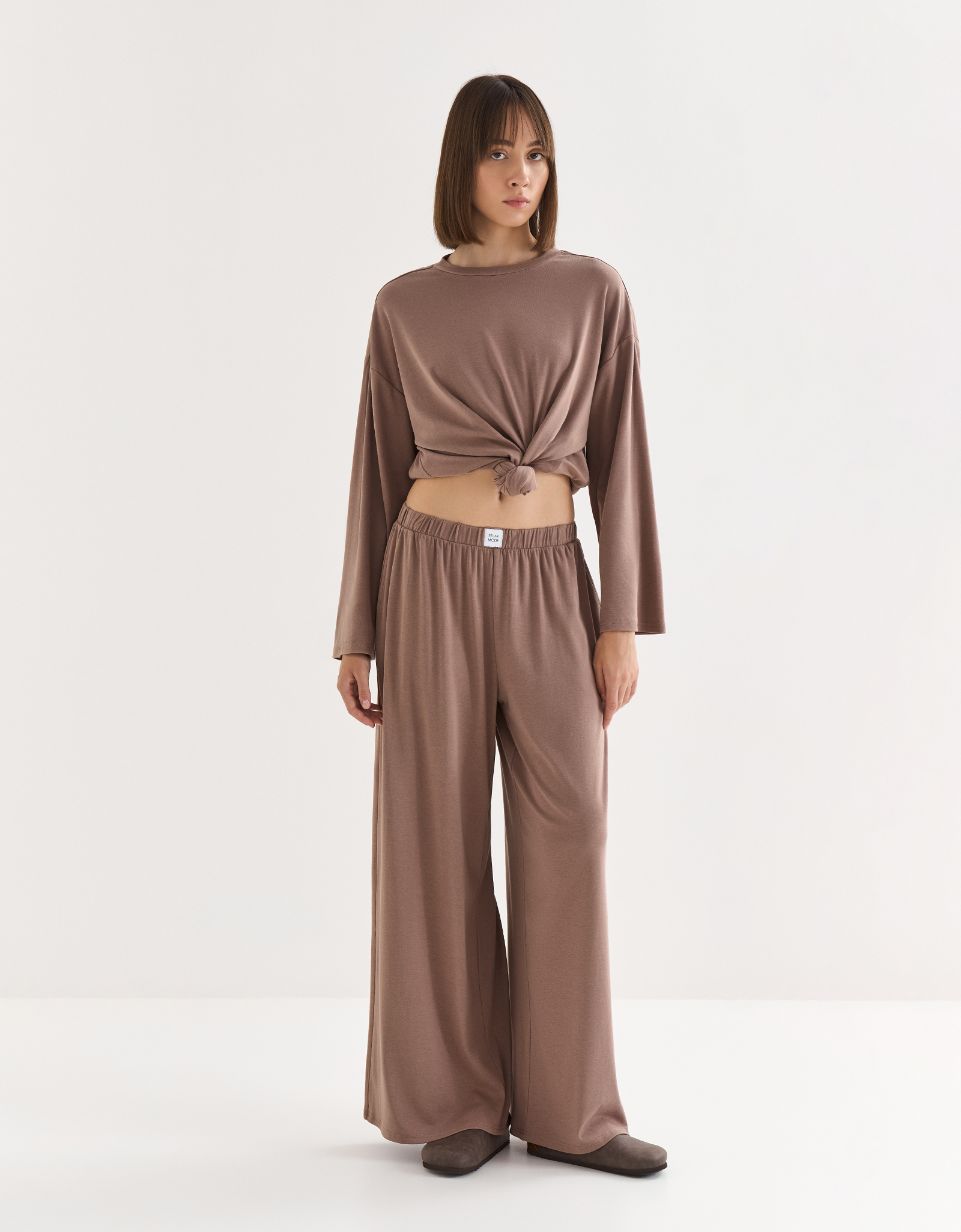 Women's trousers, homewear, size S, cotton / viscose/spandex, beige melange, Wiana, image-0