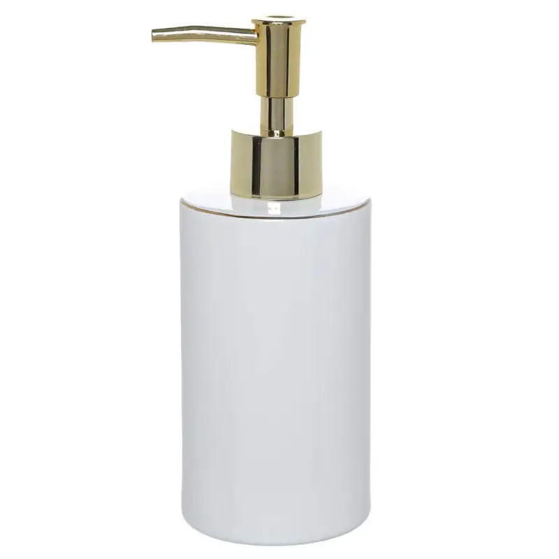 Liquid soap dispenser, 330 ml, ceramic / plastic, white and gold, Freya