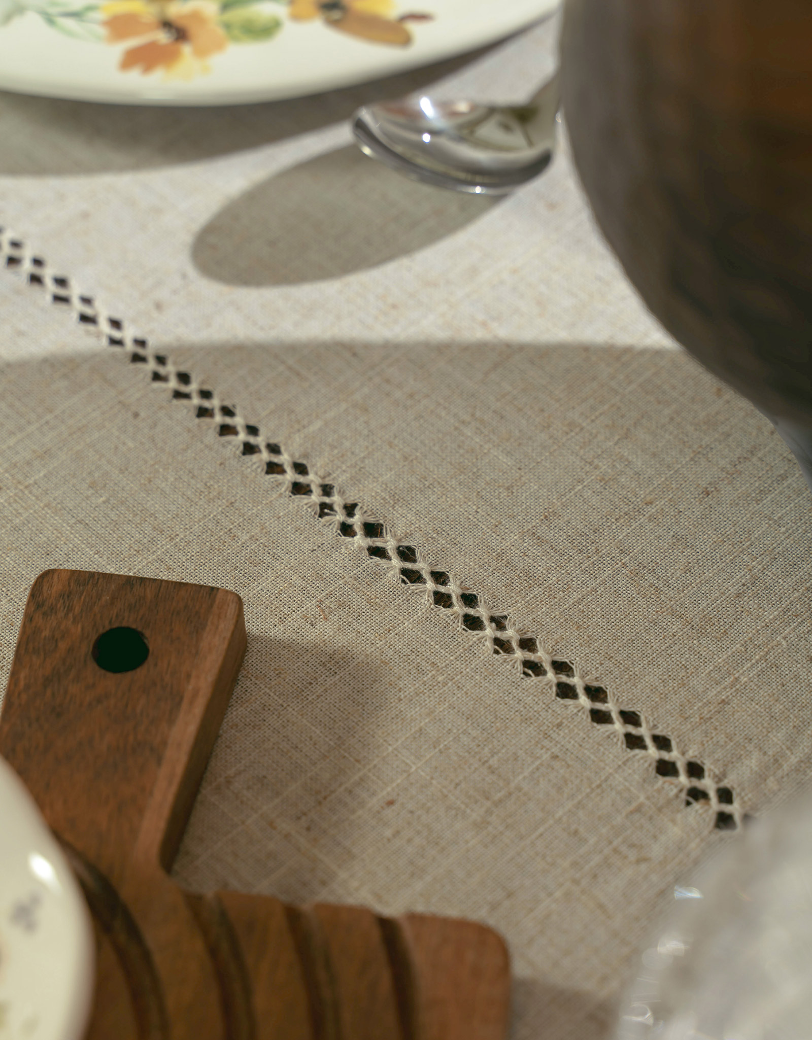 Tablecloth, 160x160 cm, polyester / linen, beige, Hemstitch
