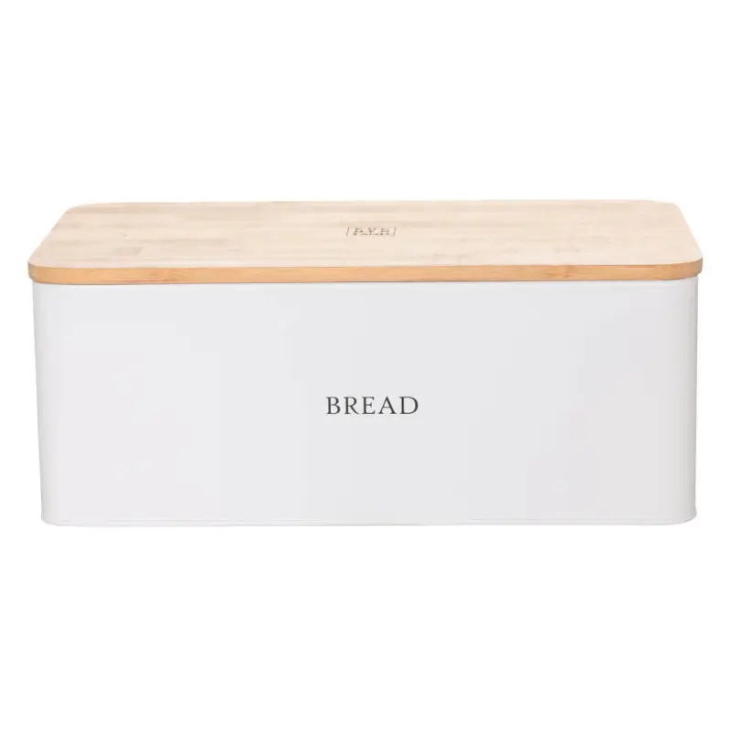 Bread box, 33x18x12 cm, with cutting board, metal / bamboo, rectangular, white, Nostalgia