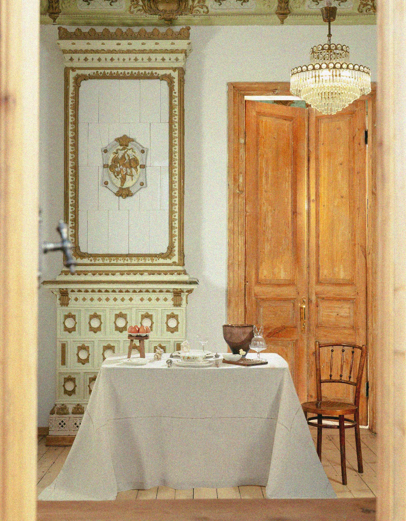 Tablecloth, 160x160 cm, polyester / linen, beige, Hemstitch