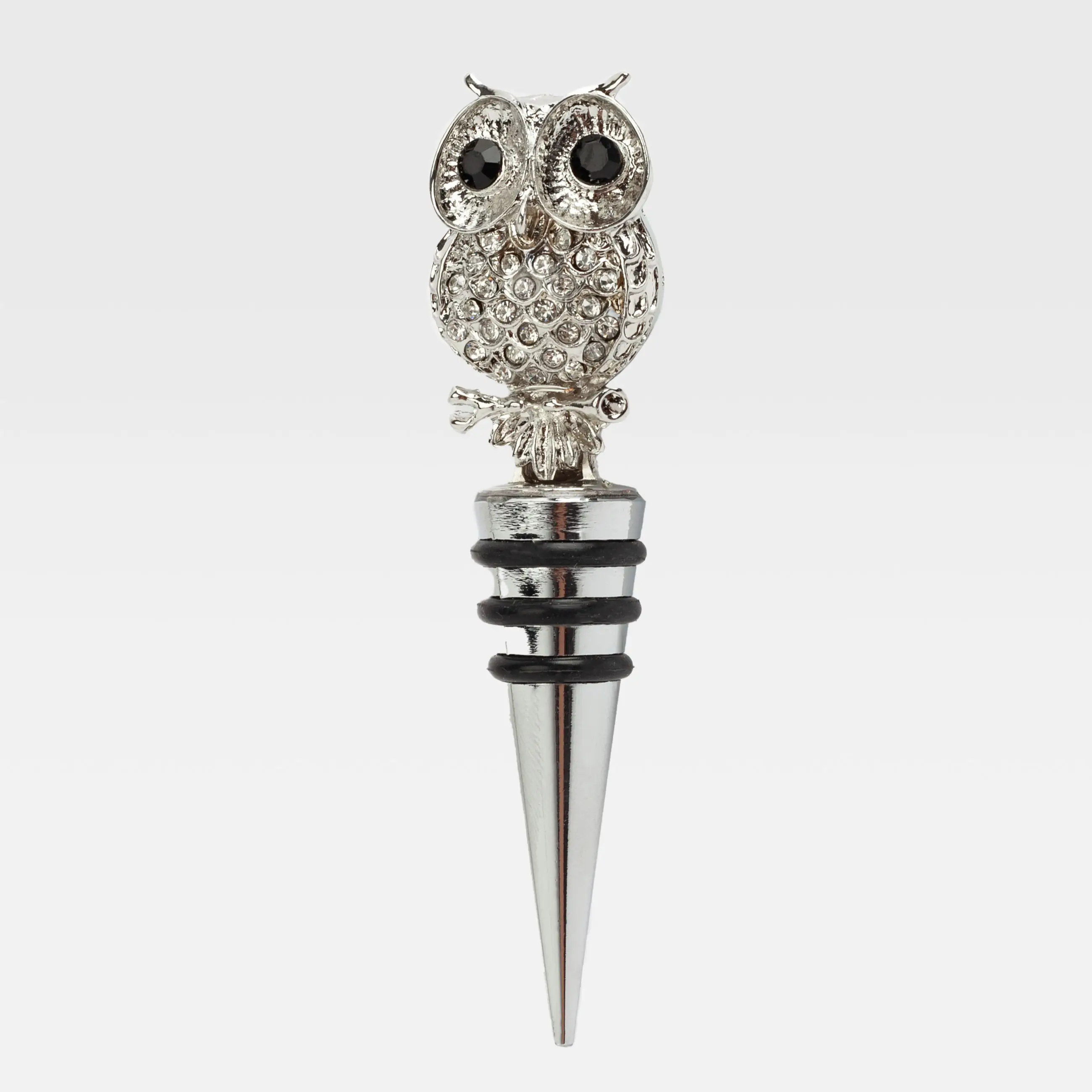 Wine bottle stopper, 11 cm, metal/rhinestones, silver, Owl, Birds, image-0