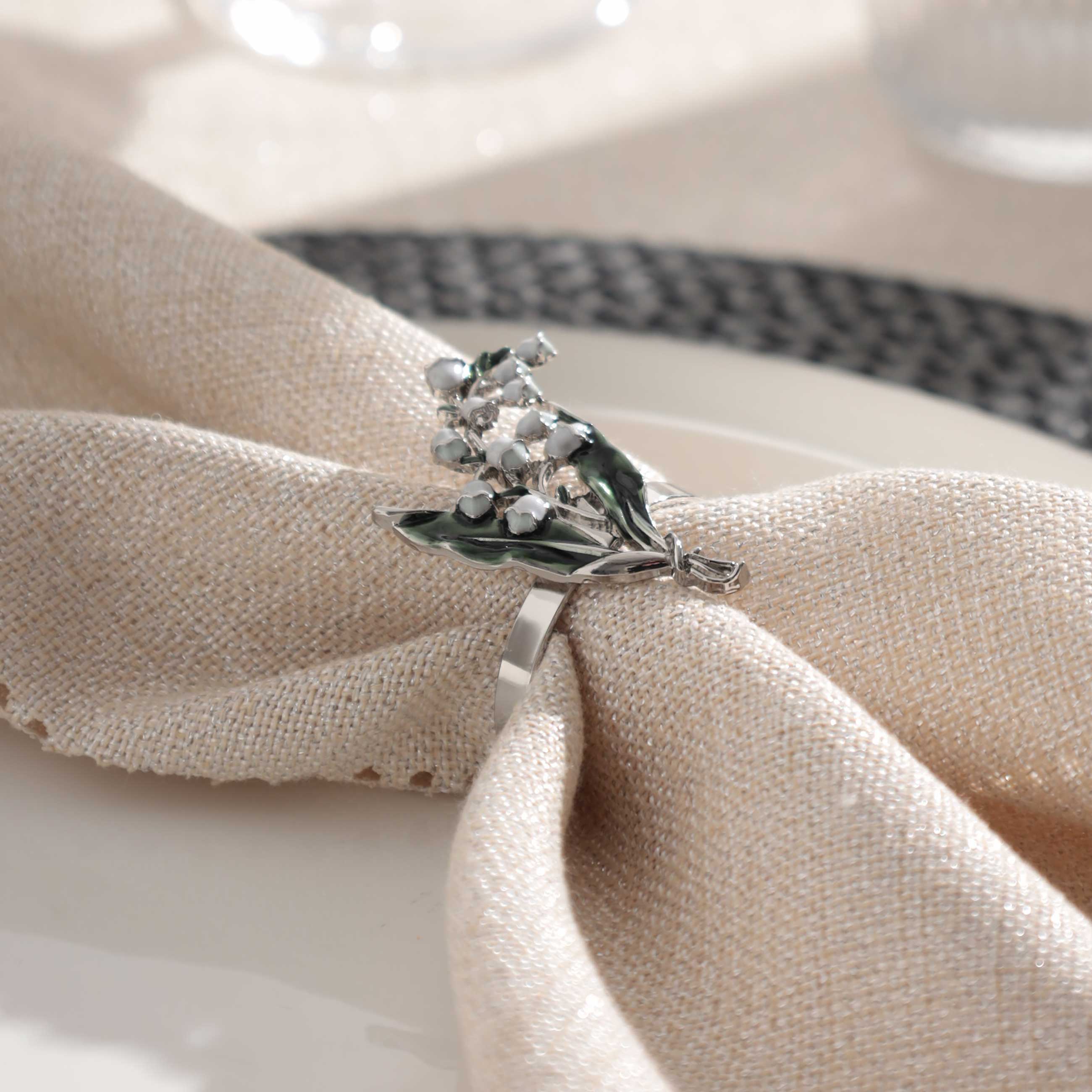 Napkin ring, 5 cm, metal, green-gold, Lily of the valley with leaves, May-lily