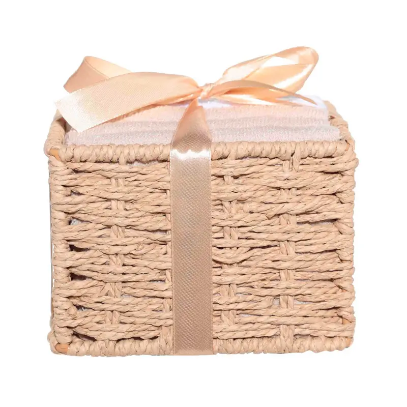 Towel, 30x30 cm, 6 pcs, in a basket with a bow, cotton, beige/white, Basket towel, image-0