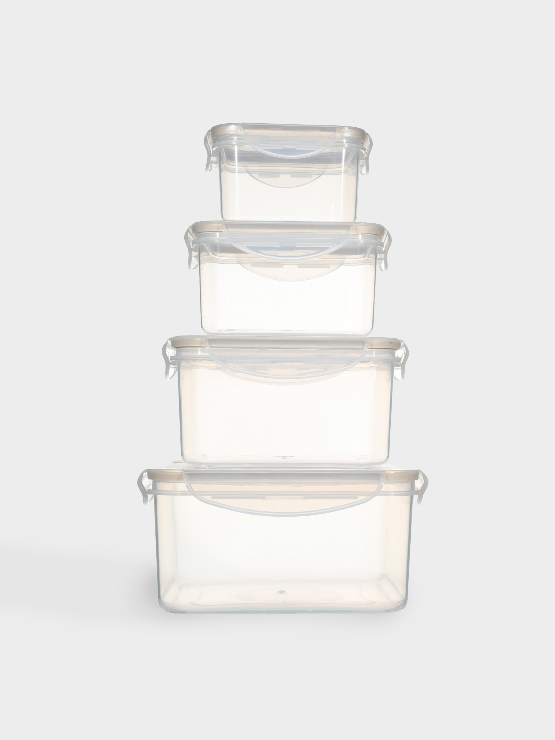 Container set, 4 pcs, with clips, plastic / silicone, Square, Beige, Roomy clip, image-0