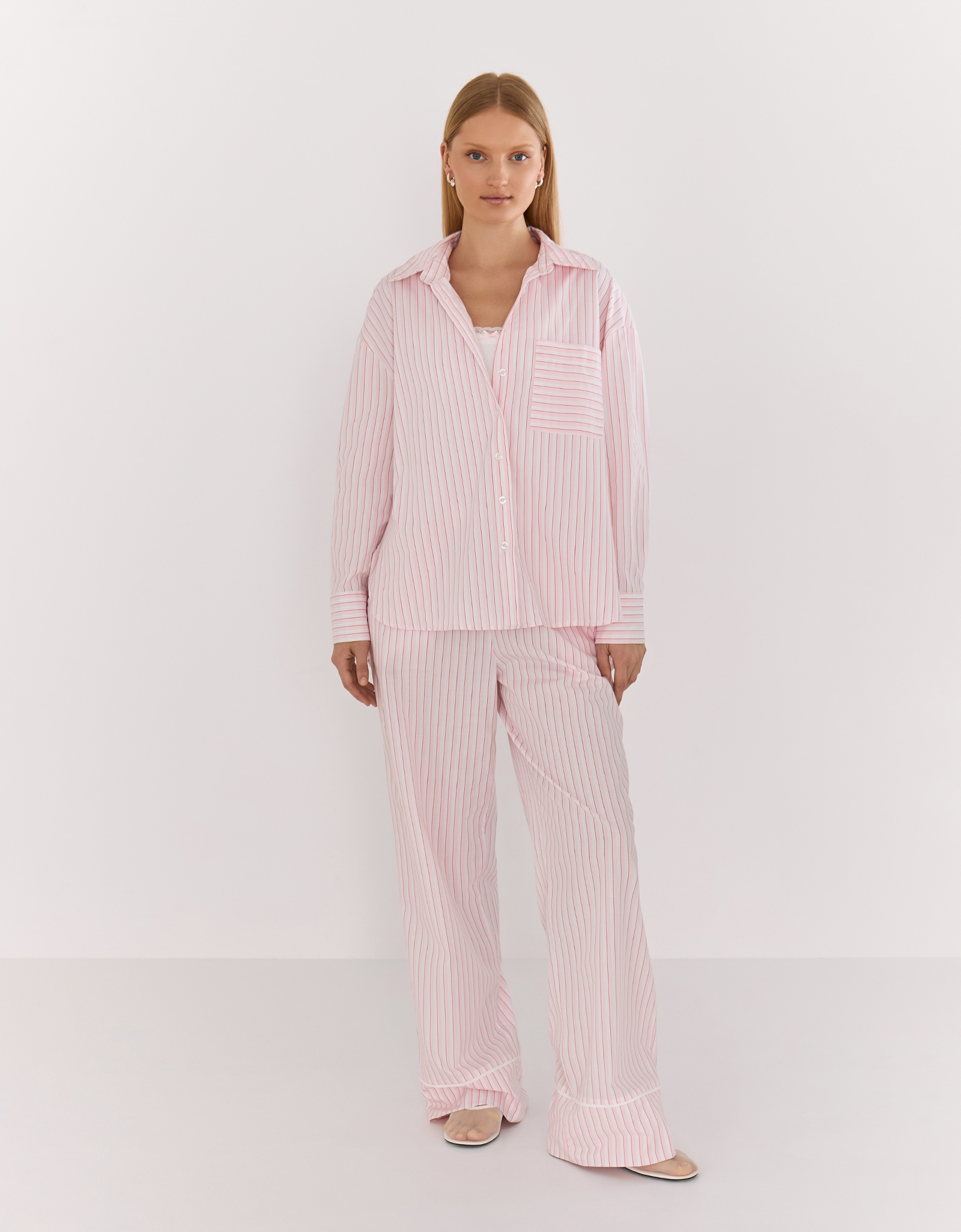 Women's trousers, homewear, size L, cotton, white and pink, Stripe, Sheria, image-6