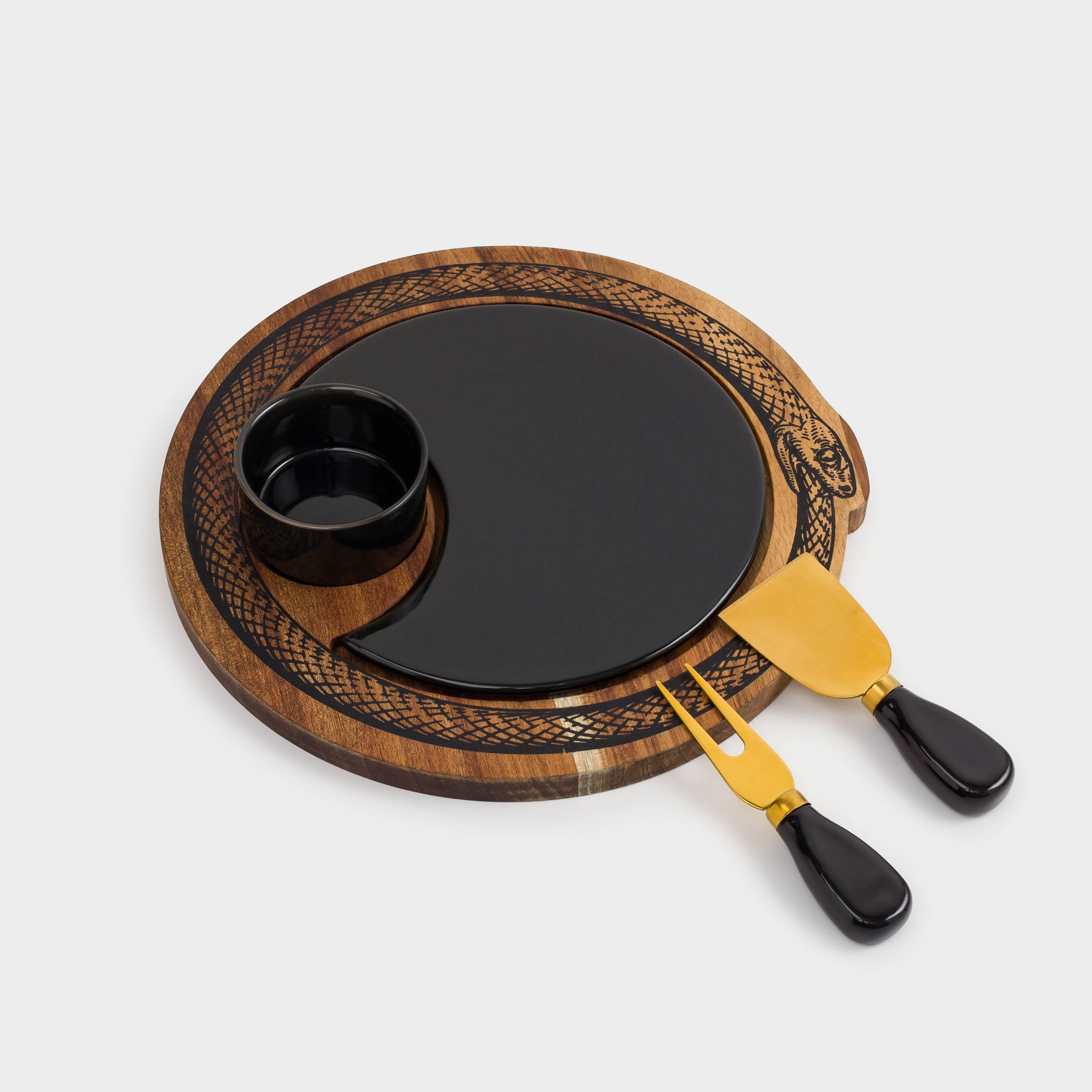 Cheese set, 5 items, dish on stand/bowl, steel / ceramic / wood, Snake, Noble tree