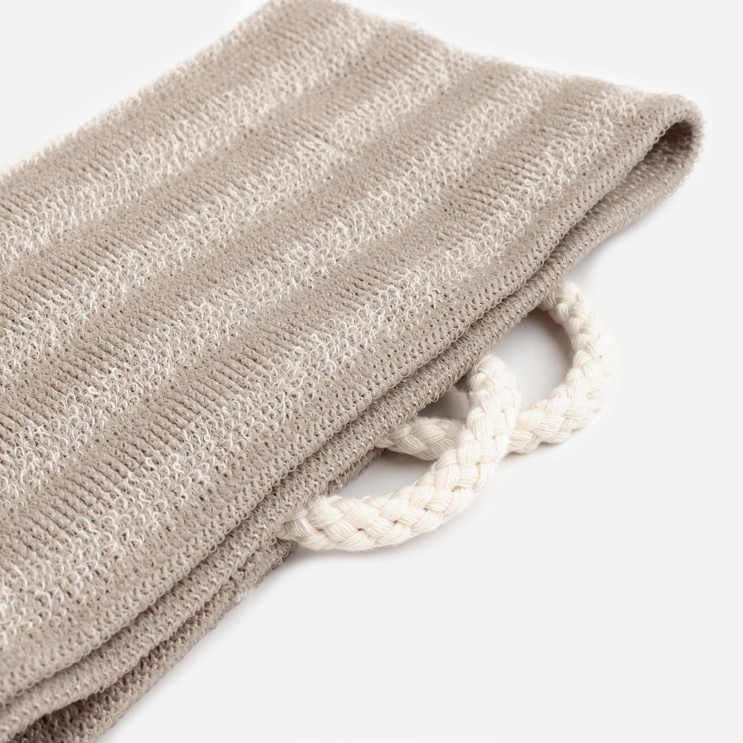 Washcloth-tape for washing the body, 70x10 cm, exfoliating, with handles, polyethylene, beige, Showy, image-3