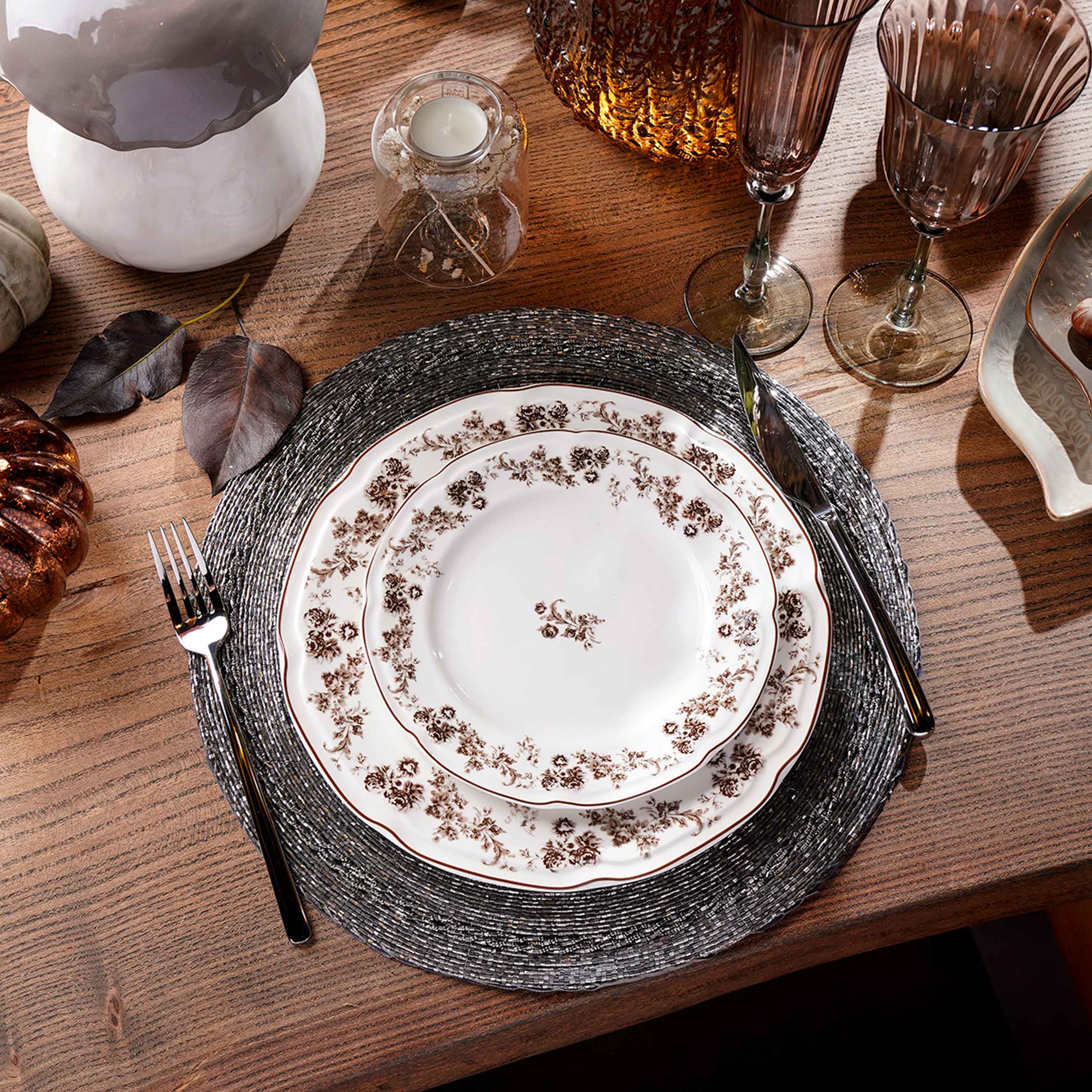 Dining set, 6 persons, 18 items, porcelain N, white, Brown flowers, Rarest flowers, image-8
