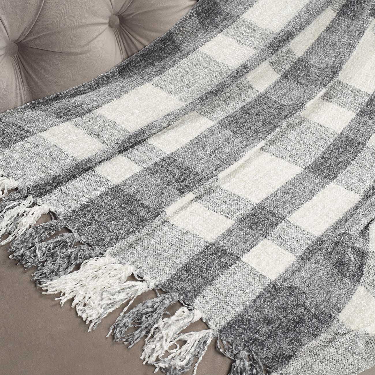 Plaid, 130x170 cm, fringed, chenille, beige-gray, Checkered, Hazel, image-1
