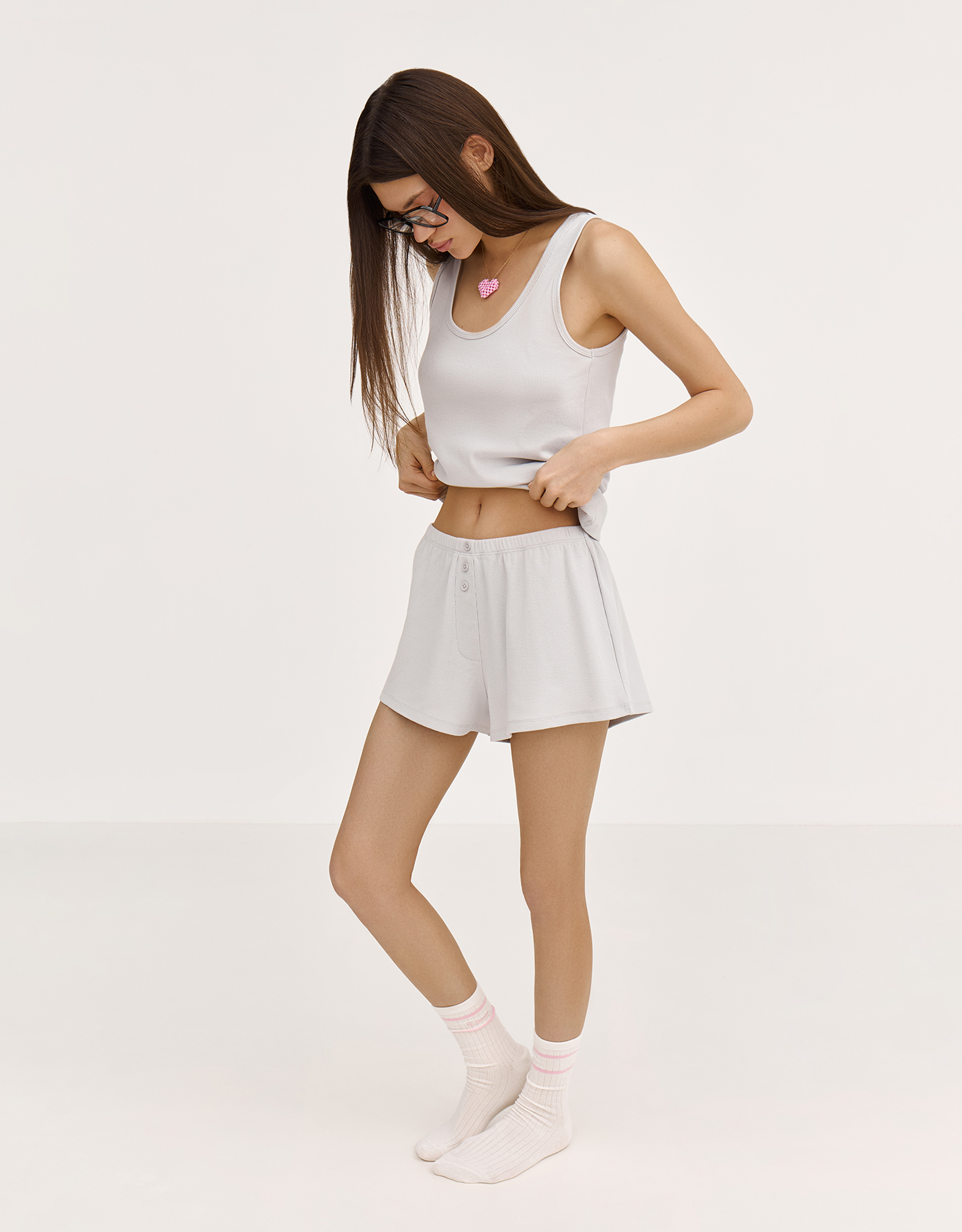 Women's two-piece set, homewear, size L, with shorts, cotton / elastane, light gray, Katniss, image-6