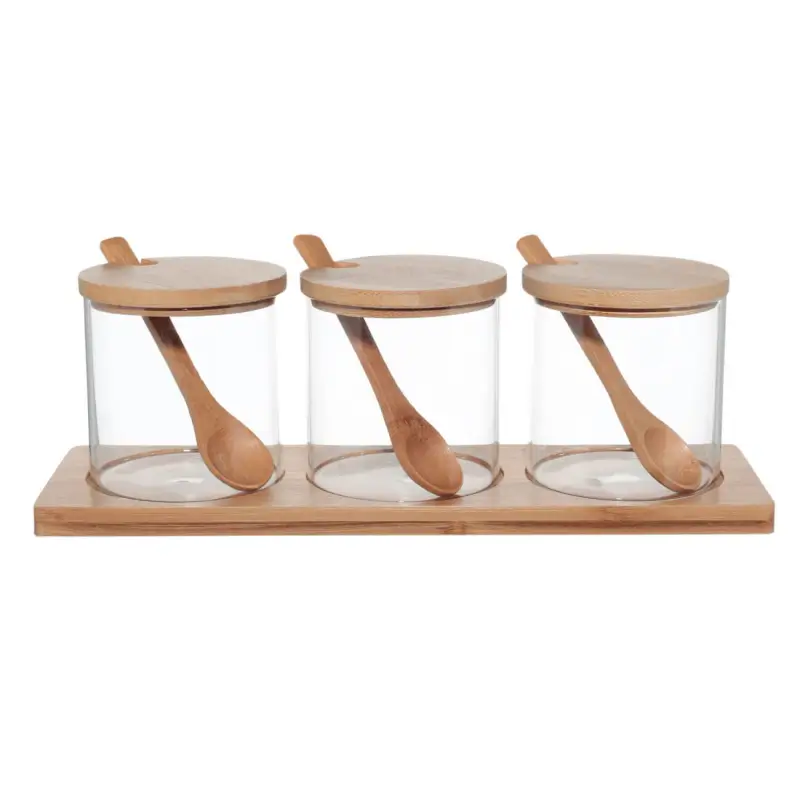 Bulk food jar, 330 ml, 3 pcs, with spoons, on a stand, glass/bamboo, Bamboo