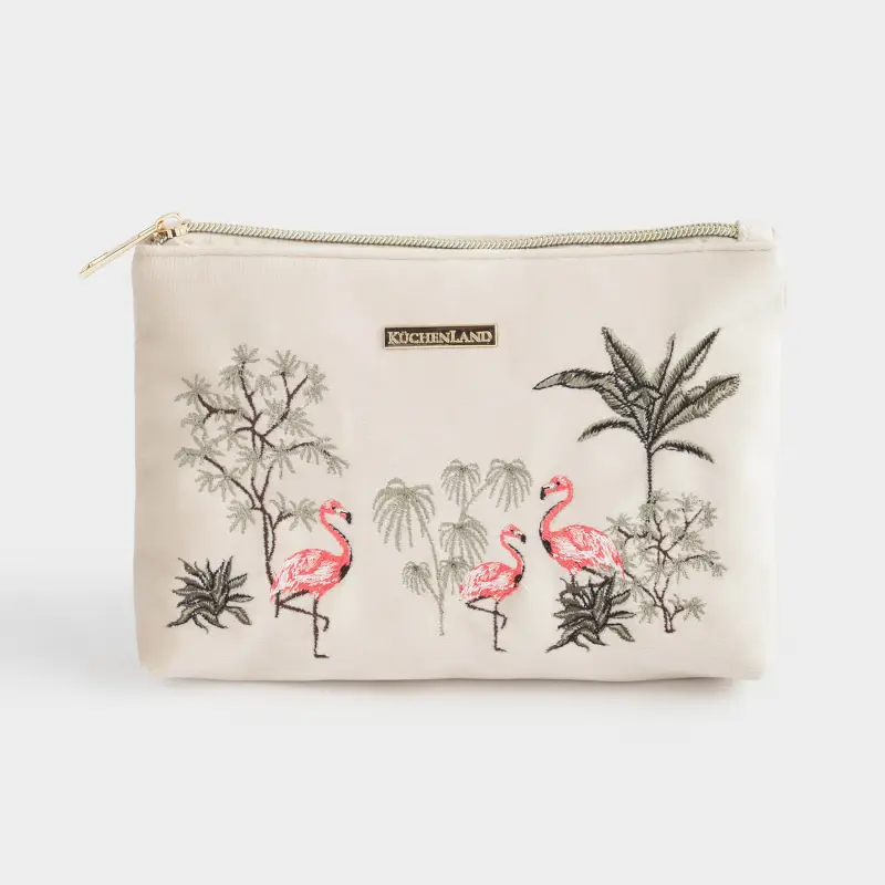 Cosmetic bag, 24x15 cm, polyester, sand, Flamingo in the jungle, Oasis print ,image-0