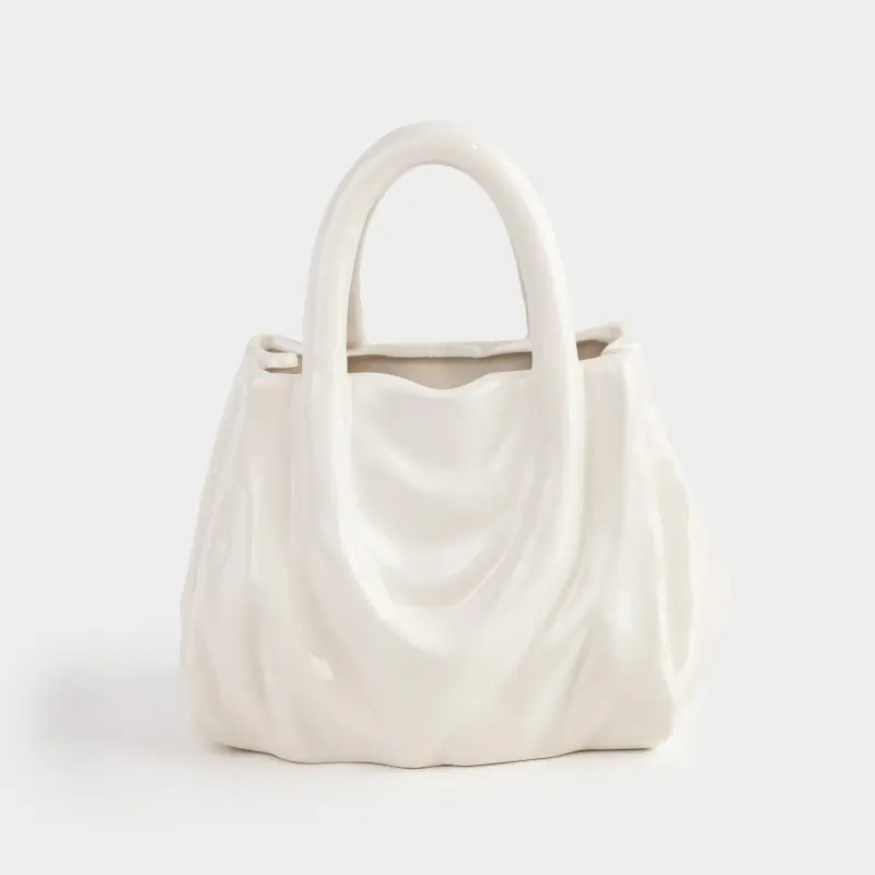 Flower vase, 20x22 cm, decorative, ceramic, milky, Crumpled effect, Bag, Crumple ,image-0