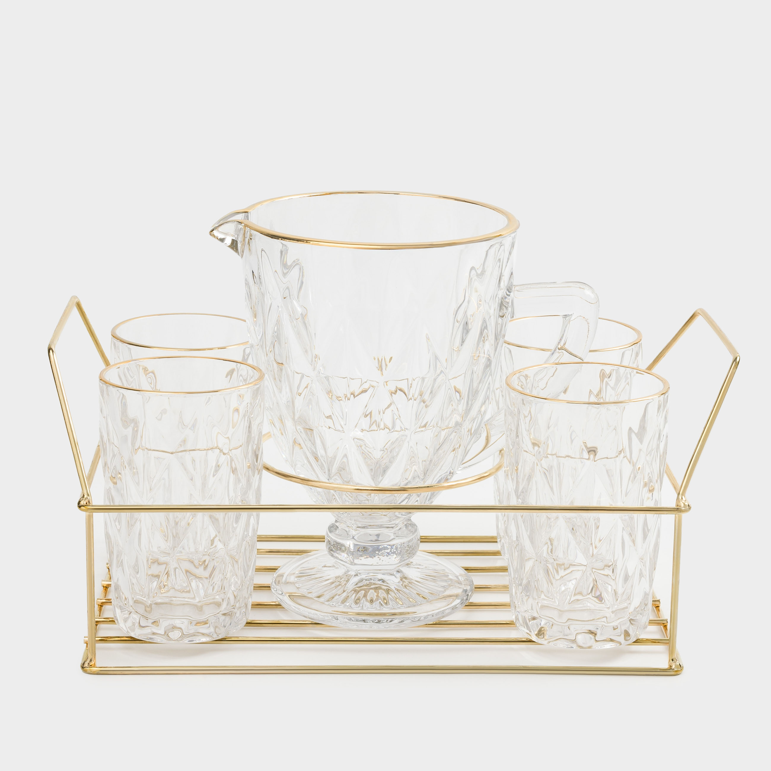 Set for drinks, 4 persons, 5 items, on a stand, glass R / metal, golden, Rhomb gold